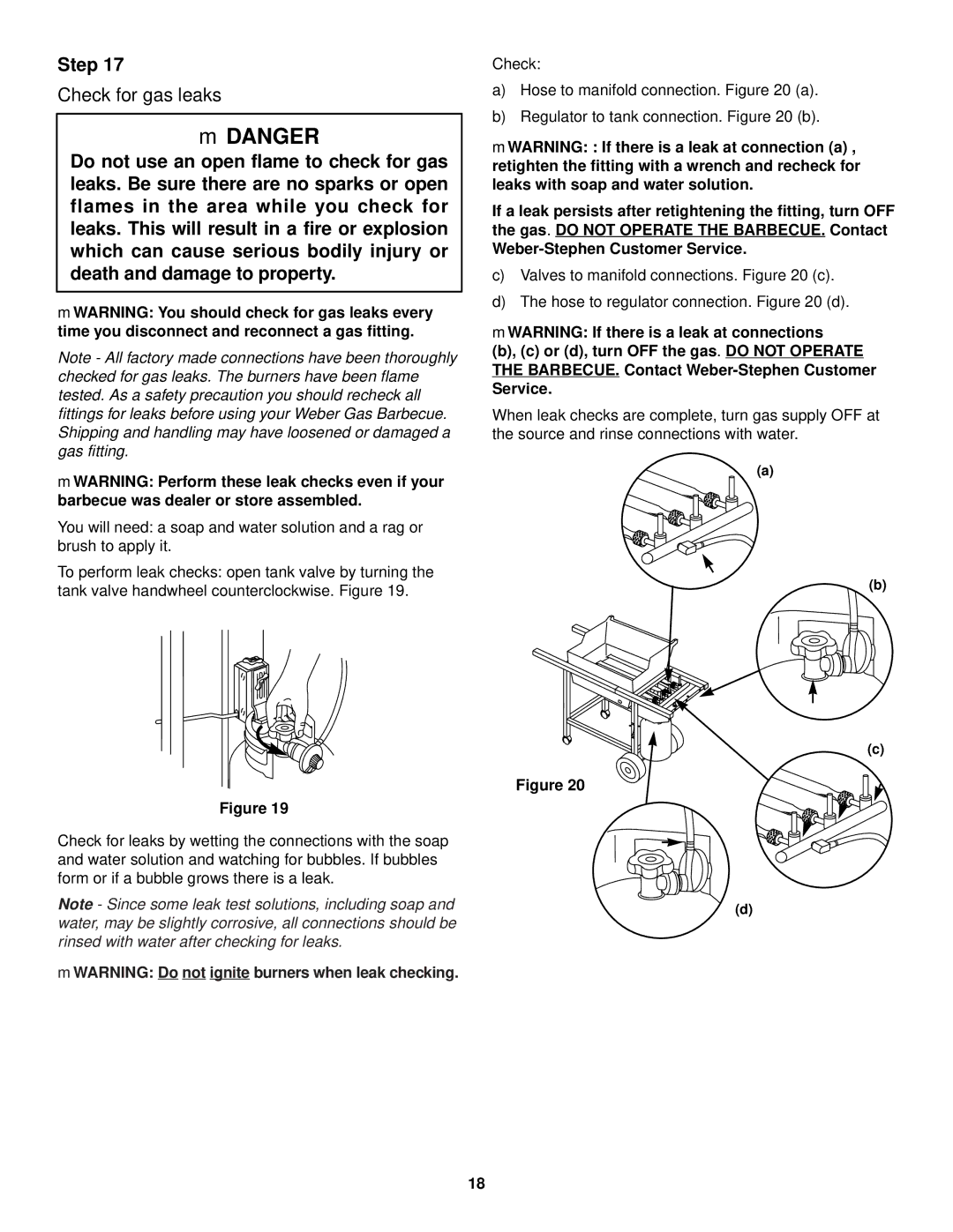 Weber 1000 LX Series owner manual Check for gas leaks, MWARNING Do not ignite burners when leak checking 