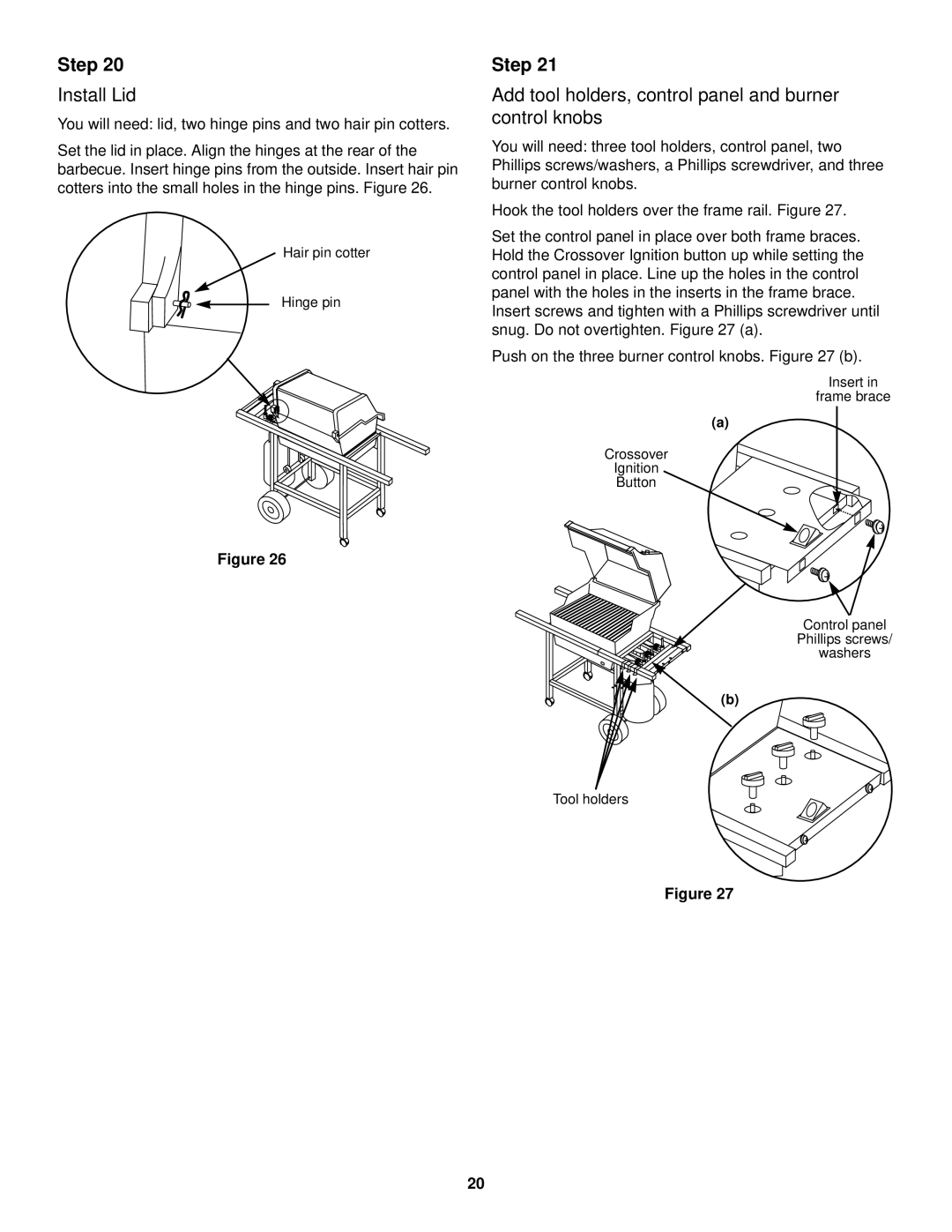 Weber 1000 LX Series owner manual Install Lid, Add tool holders, control panel and burner control knobs 