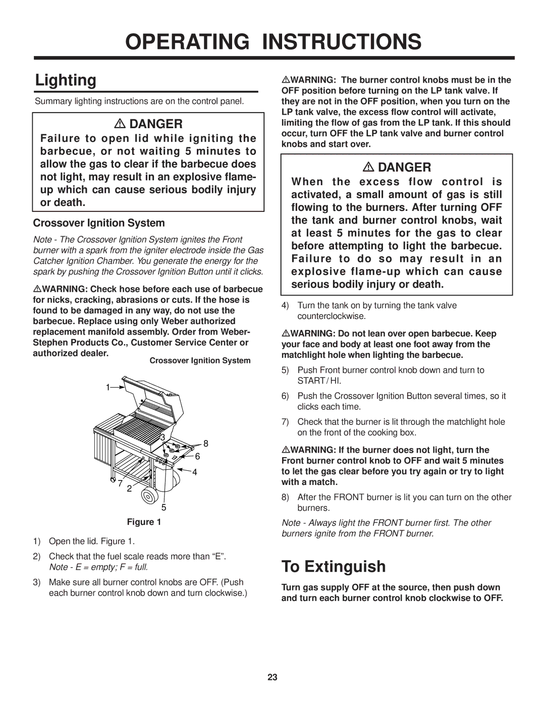 Weber 1000 LX Series owner manual Lighting, To Extinguish 