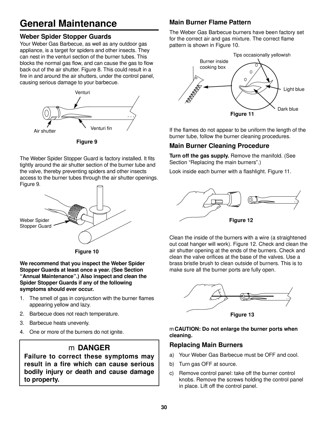 Weber 1000 LX Series General Maintenance, Weber Spider Stopper Guards, Main Burner Flame Pattern, Replacing Main Burners 