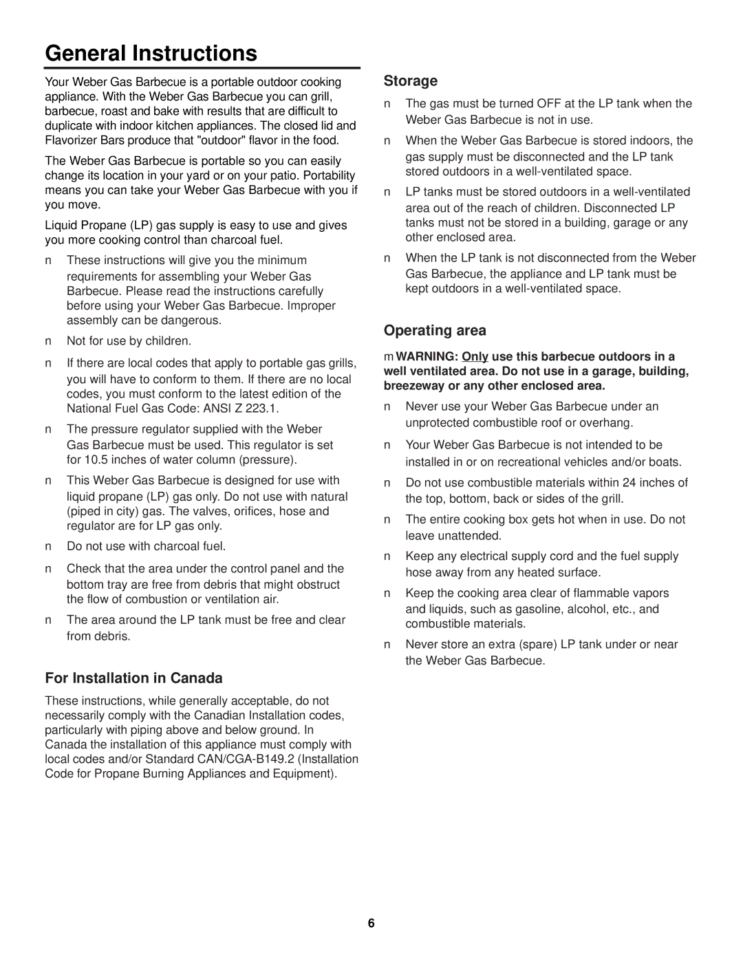 Weber 1000 LX Series owner manual General Instructions, For Installation in Canada, Storage, Operating area 