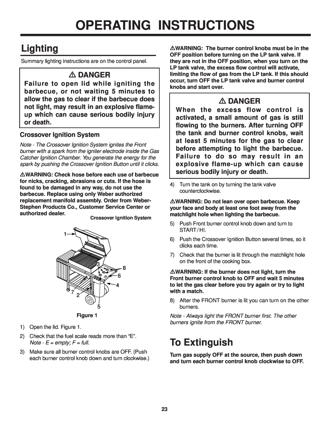 Weber 1000 LX Series owner manual Operating Instructions, Lighting, To Extinguish, mDANGER, Crossover Ignition System 