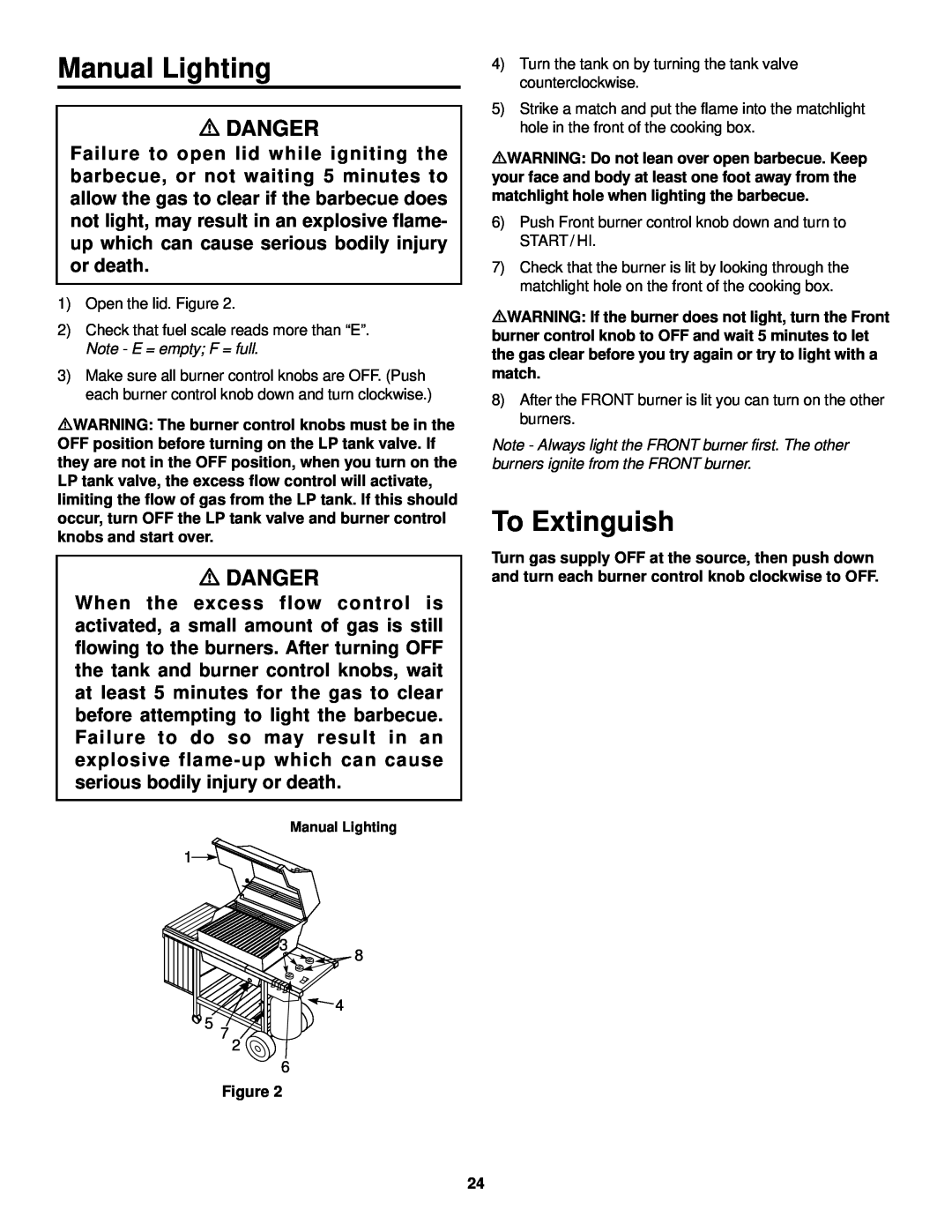 Weber 1000 LX Series owner manual Manual Lighting, To Extinguish, mDANGER 