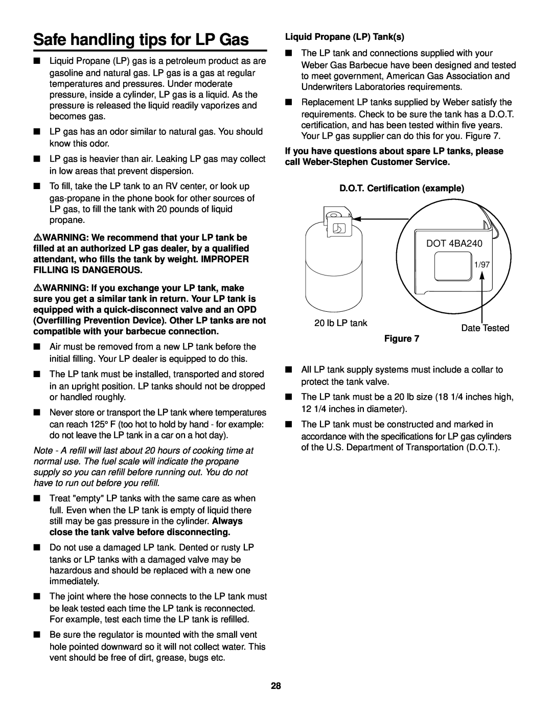 Weber 1000 LX Series Safe handling tips for LP Gas, DOT 4BA240, Liquid Propane LP Tanks, D.O.T. Certification example 