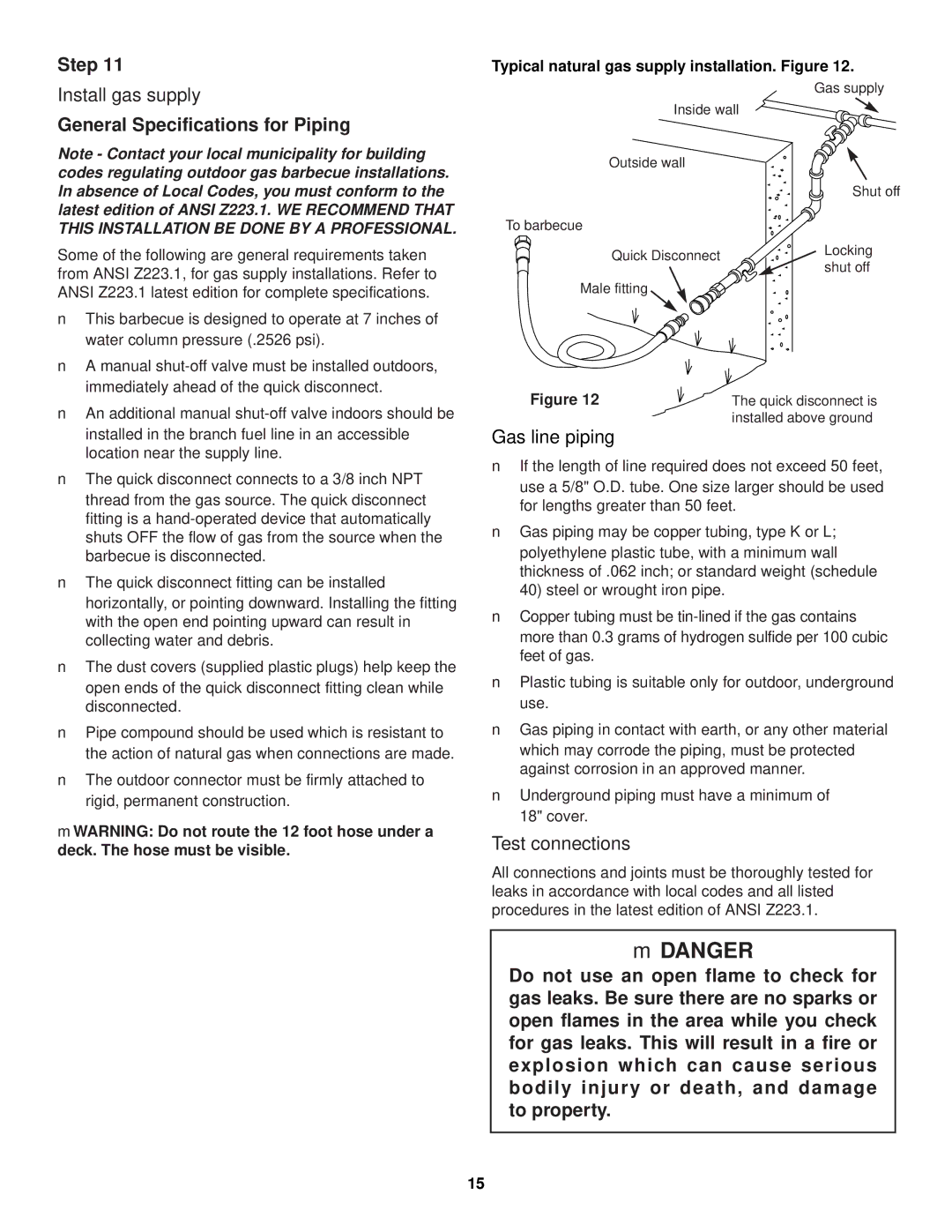 Weber 1000 LX owner manual Install gas supply, General Specifications for Piping, Gas line piping, Test connections 