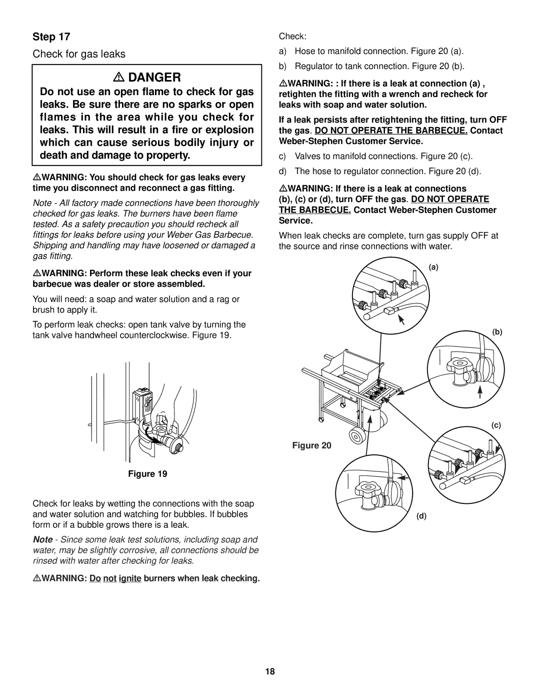 Weber 1000 SERIES, LP Gas Barbecue owner manual Check for gas leaks, MWARNING Do not ignite burners when leak checking 