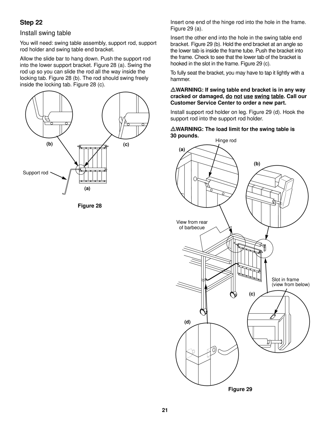 Weber LP Gas Barbecue, 1000 SERIES Install swing table, MWARNING The load limit for the swing table is 30 pounds 