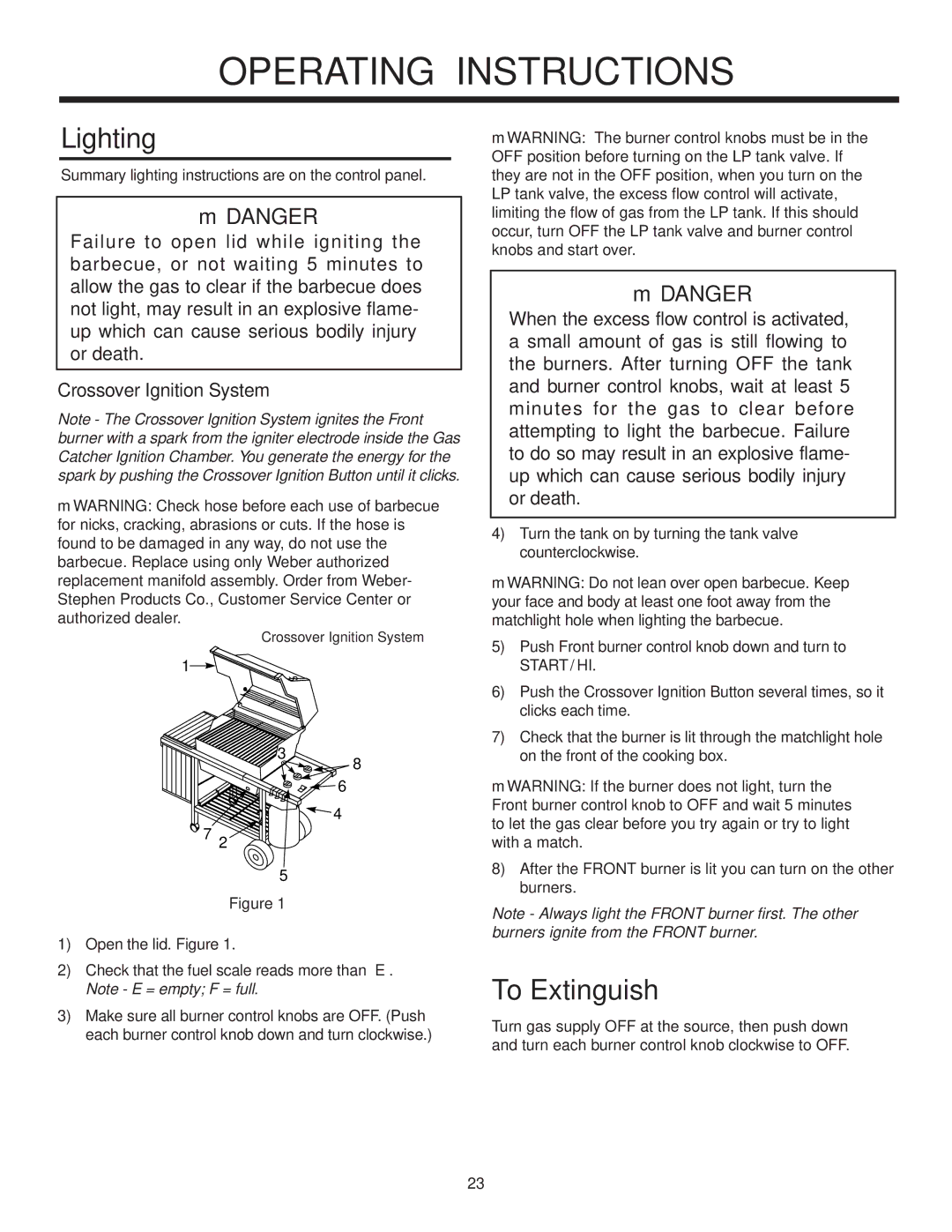 Weber LP Gas Barbecue, 1000 SERIES owner manual Lighting, To Extinguish 