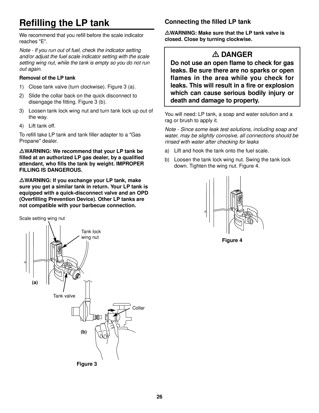 Weber 1000 SERIES, LP Gas Barbecue owner manual Refilling the LP tank, Connecting the filled LP tank, Removal of the LP tank 