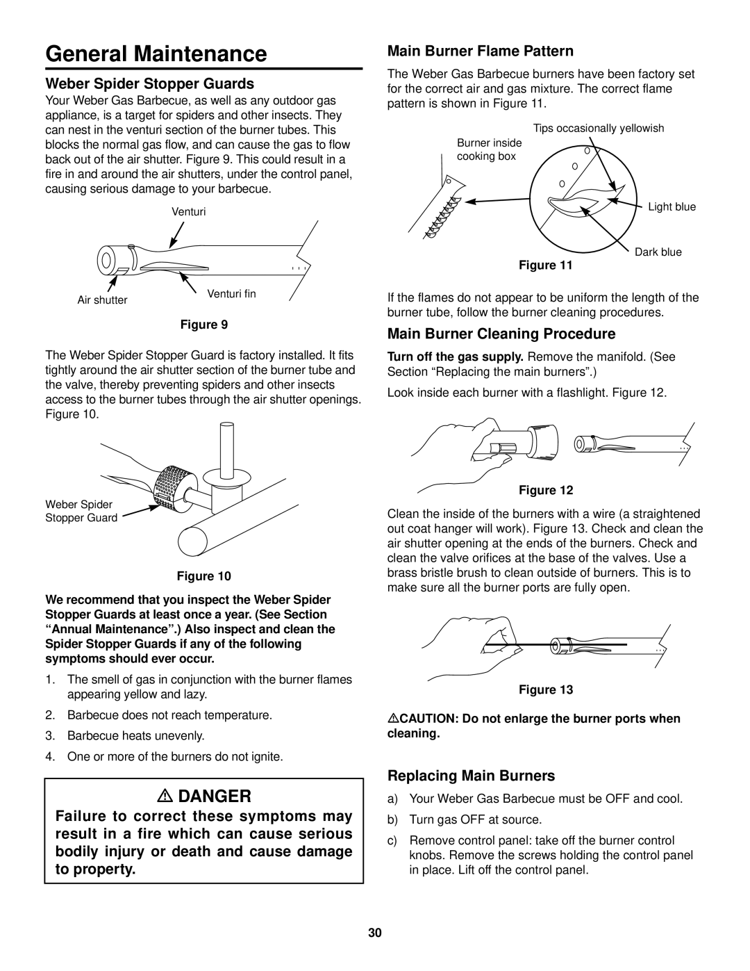Weber 1000 SERIES General Maintenance, Weber Spider Stopper Guards, Main Burner Flame Pattern, Replacing Main Burners 