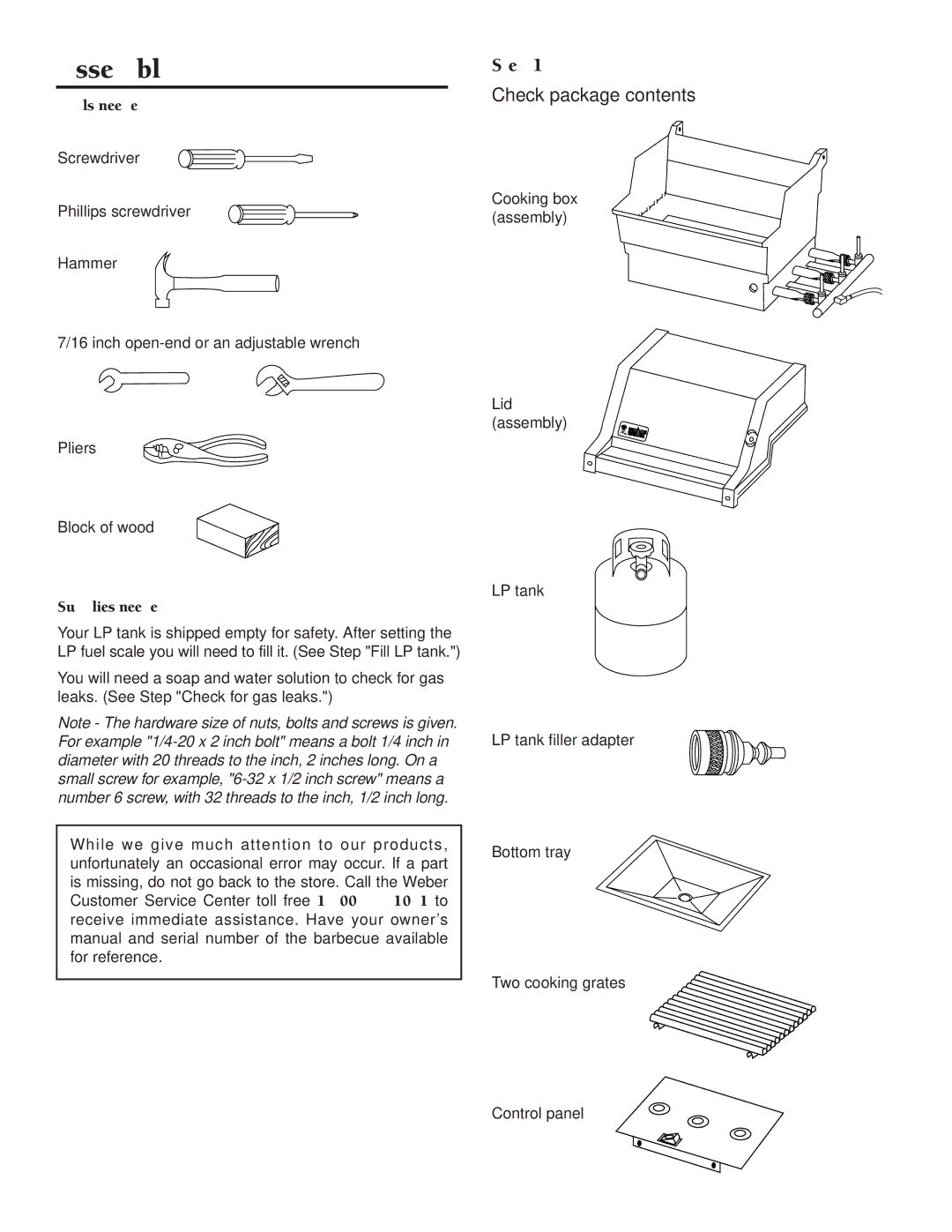 Weber LP Gas Barbecue, 1000 SERIES owner manual Assembly, Step, Check package contents 