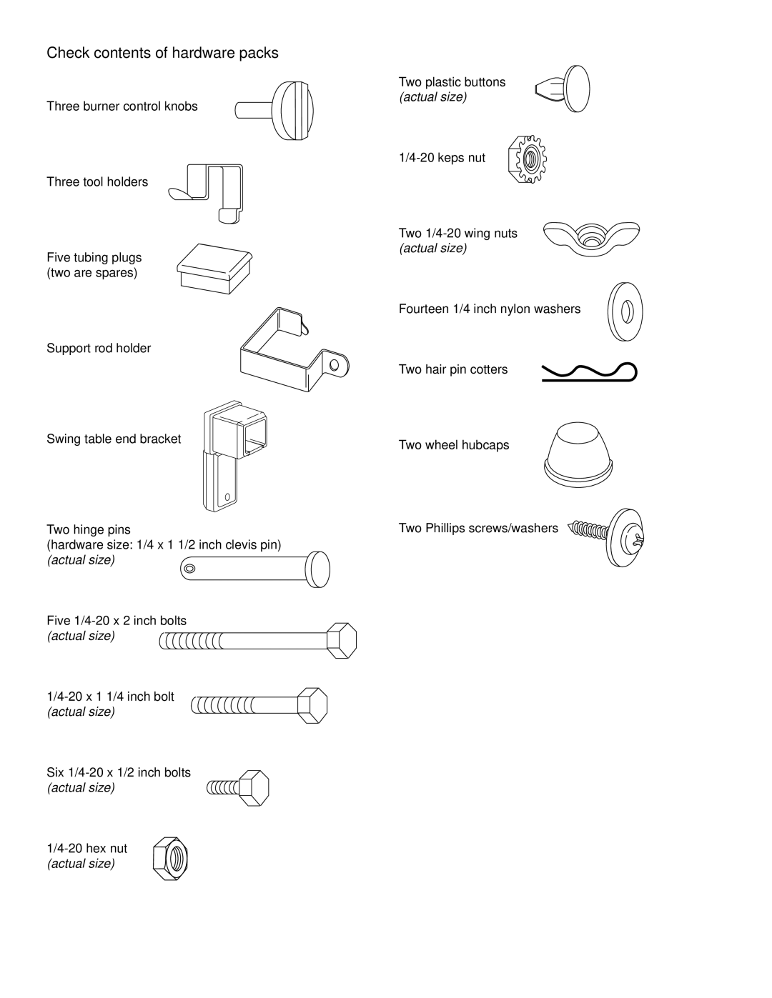 Weber LP Gas Barbecue, 1000 SERIES owner manual Check contents of hardware packs 