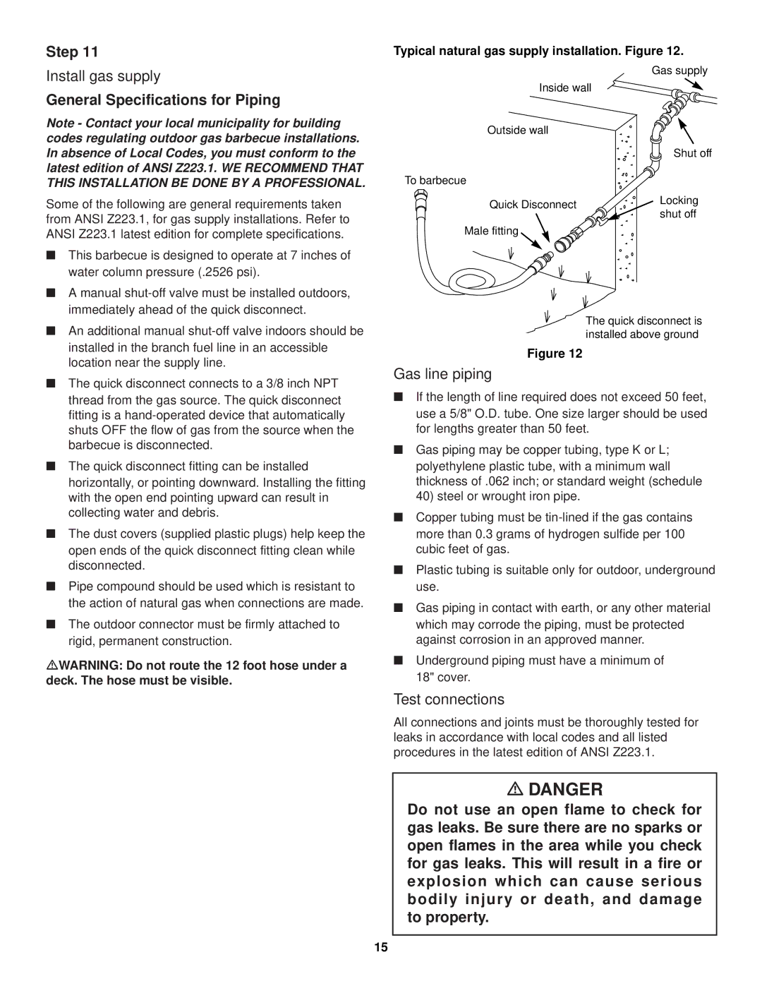 Weber 1000 SERIES owner manual Install gas supply, General Specifications for Piping, Gas line piping, Test connections 