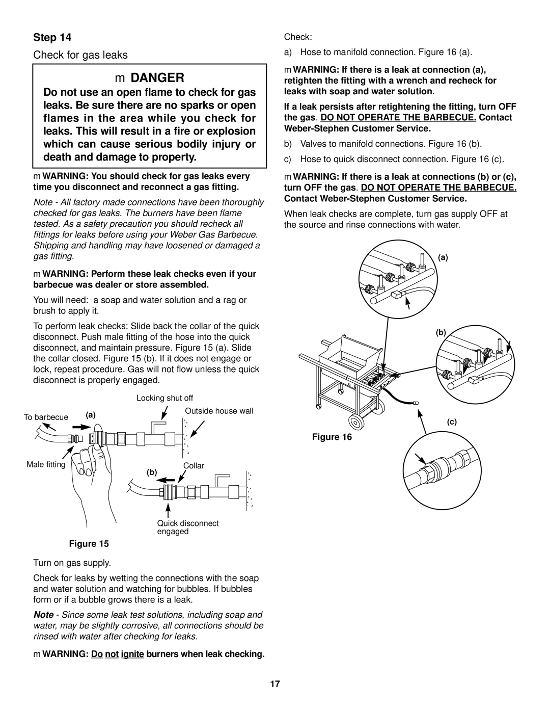 Weber 1000 SERIES owner manual Check for gas leaks, MWARNING Do not ignite burners when leak checking 