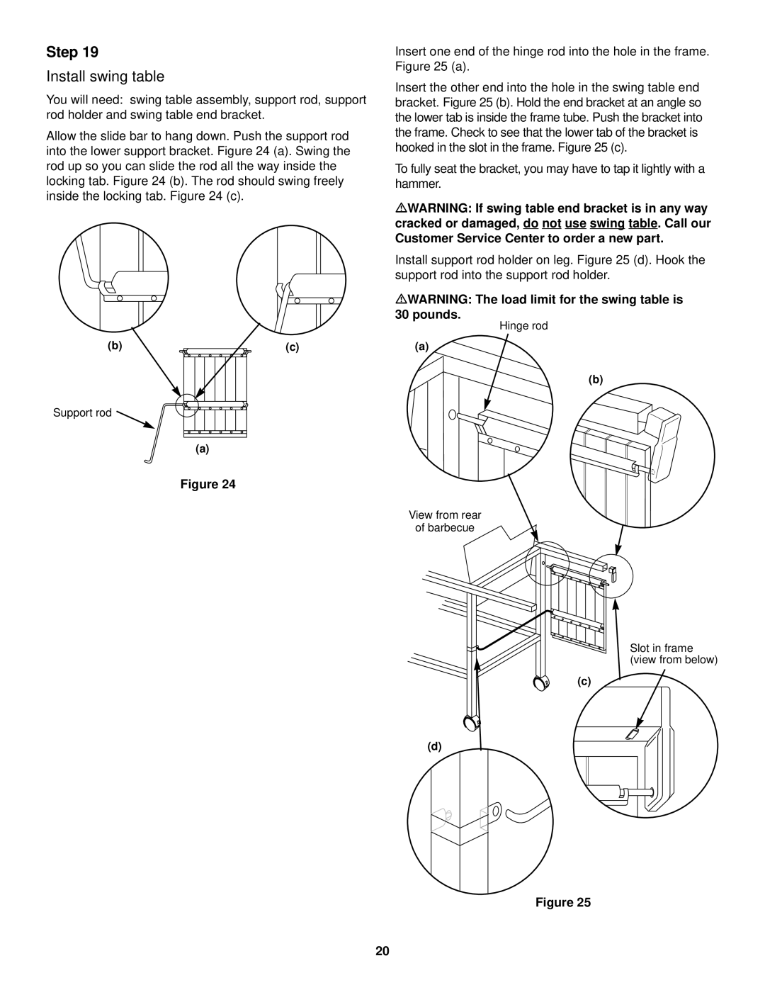 Weber 1000 SERIES owner manual Install swing table, MWARNING The load limit for the swing table is 30 pounds 