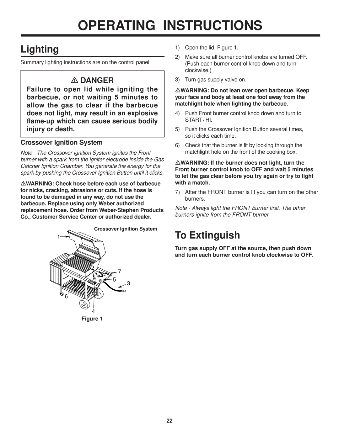 Weber 1000 SERIES owner manual Lighting, To Extinguish 