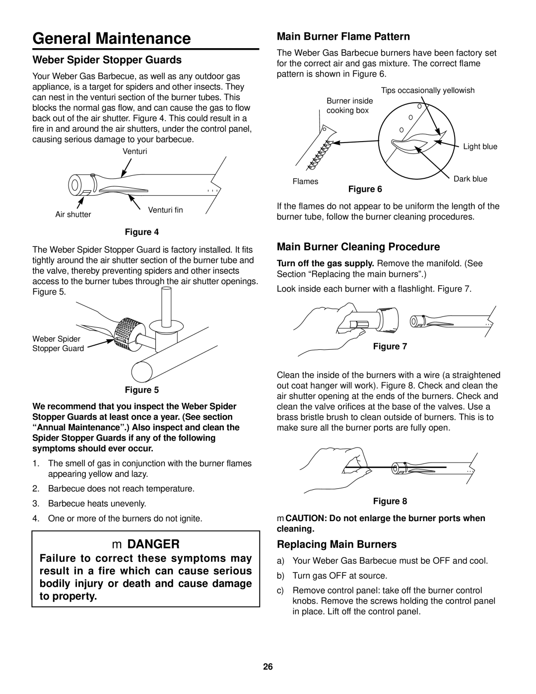 Weber 1000 SERIES General Maintenance, Weber Spider Stopper Guards, Main Burner Flame Pattern, Replacing Main Burners 