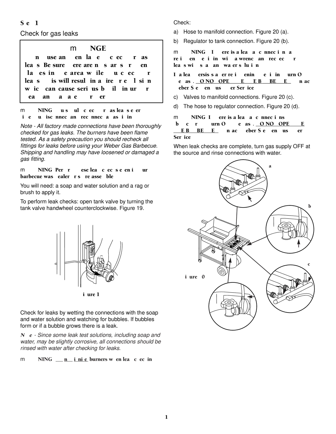 Weber 1000 owner manual Check for gas leaks, MWARNING Do not ignite burners when leak checking 