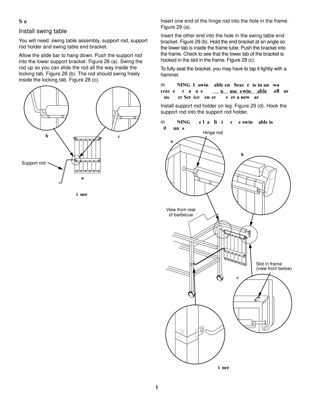 Weber 1000 owner manual Install swing table, MWARNING The load limit for the swing table is 30 pounds 