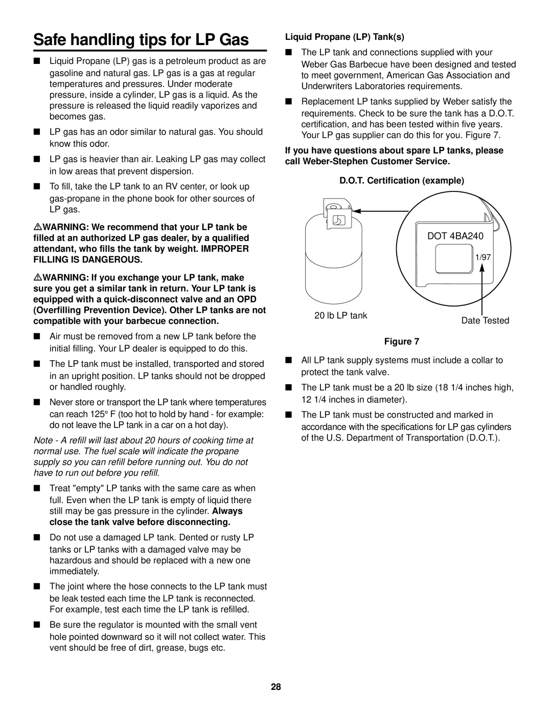 Weber 1000 owner manual Safe handling tips for LP Gas, Liquid Propane LP Tanks 