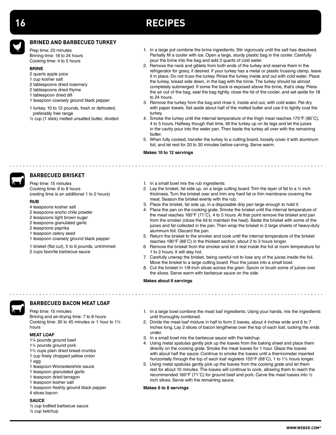 Weber 100108 manual Recipes, Brined and Barbecued Turkey, Barbecued Brisket, Barbecued Bacon Meat Loaf 