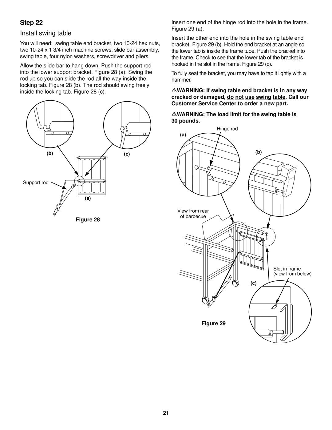 Weber 1100 LP owner manual Install swing table 