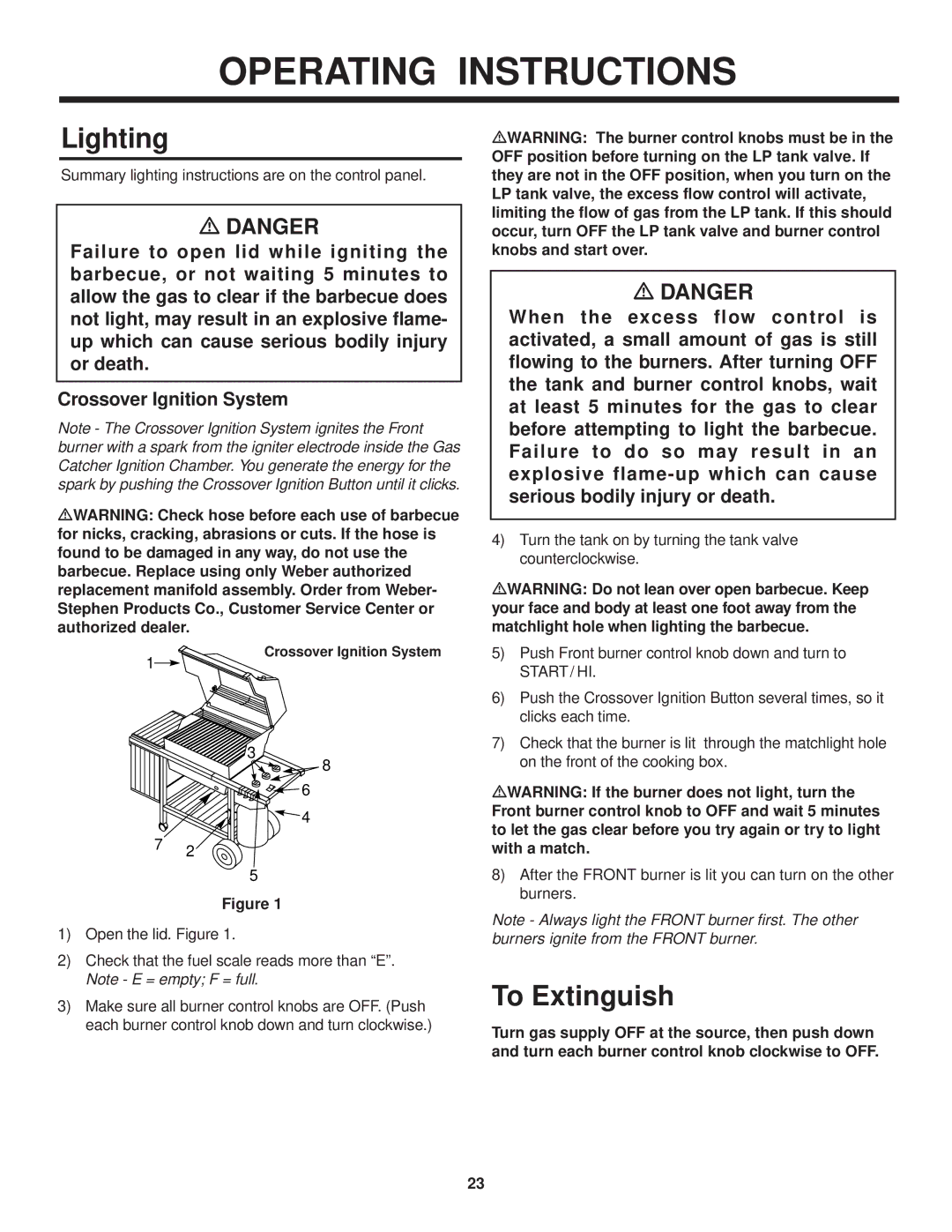 Weber 1100 LP owner manual Lighting, To Extinguish 