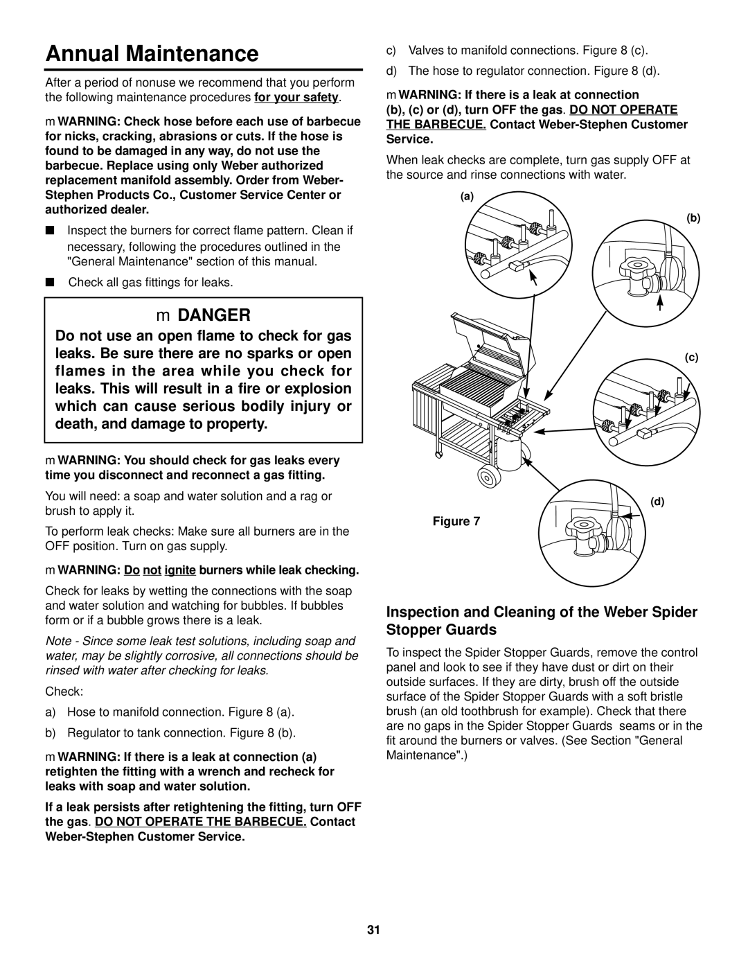 Weber 1100 LP owner manual Annual Maintenance, MWARNING Do not ignite burners while leak checking 