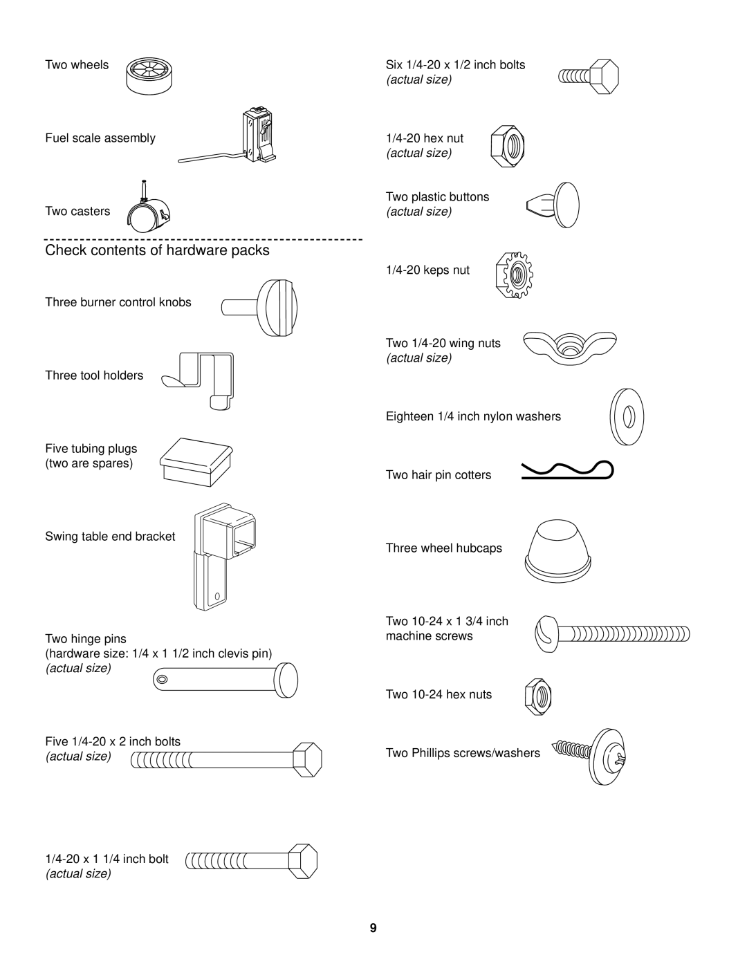 Weber 1100 LP owner manual Check contents of hardware packs 