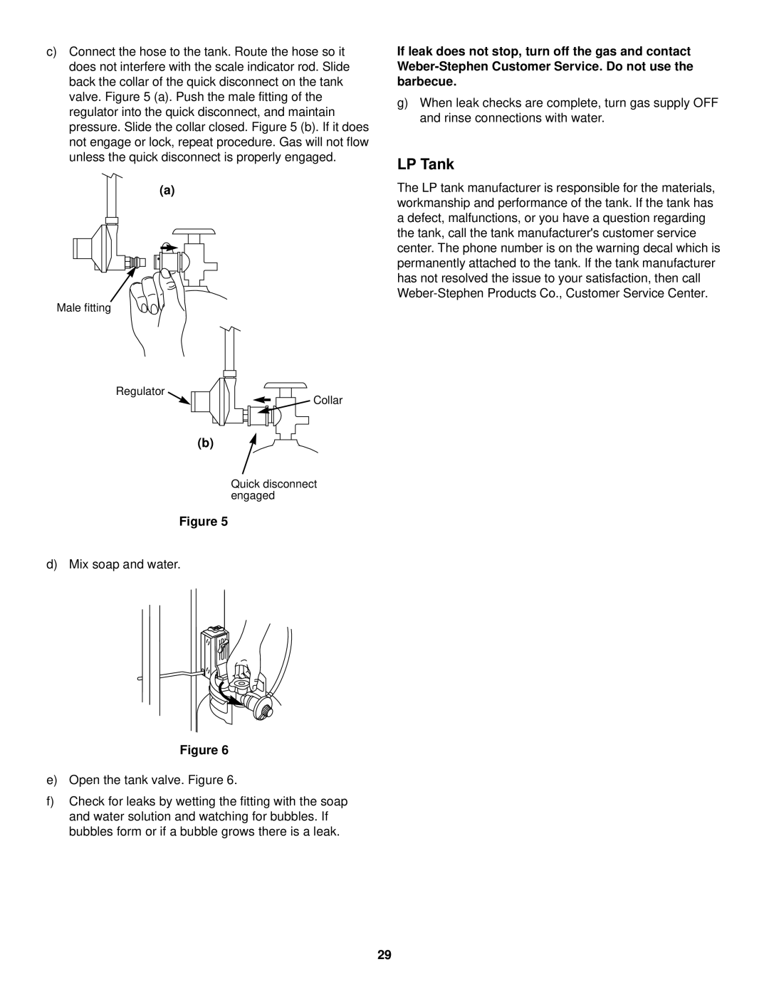 Weber 1100 LP owner manual Male fitting Regulator Collar Quick disconnect engaged 