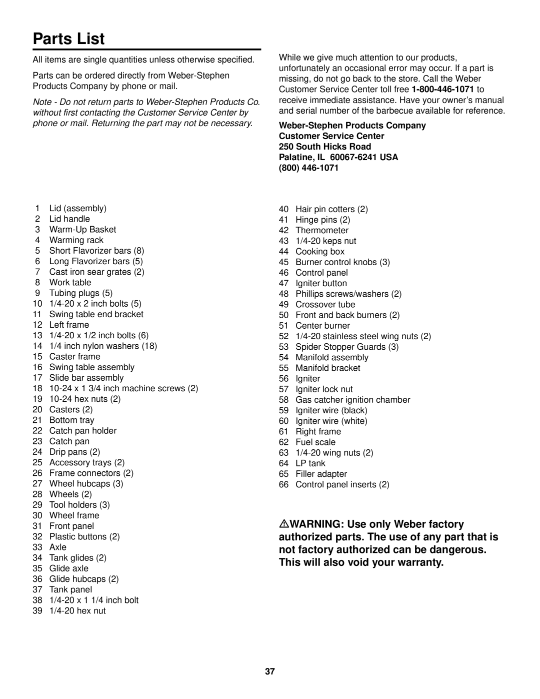 Weber 1100 LP owner manual Parts List 