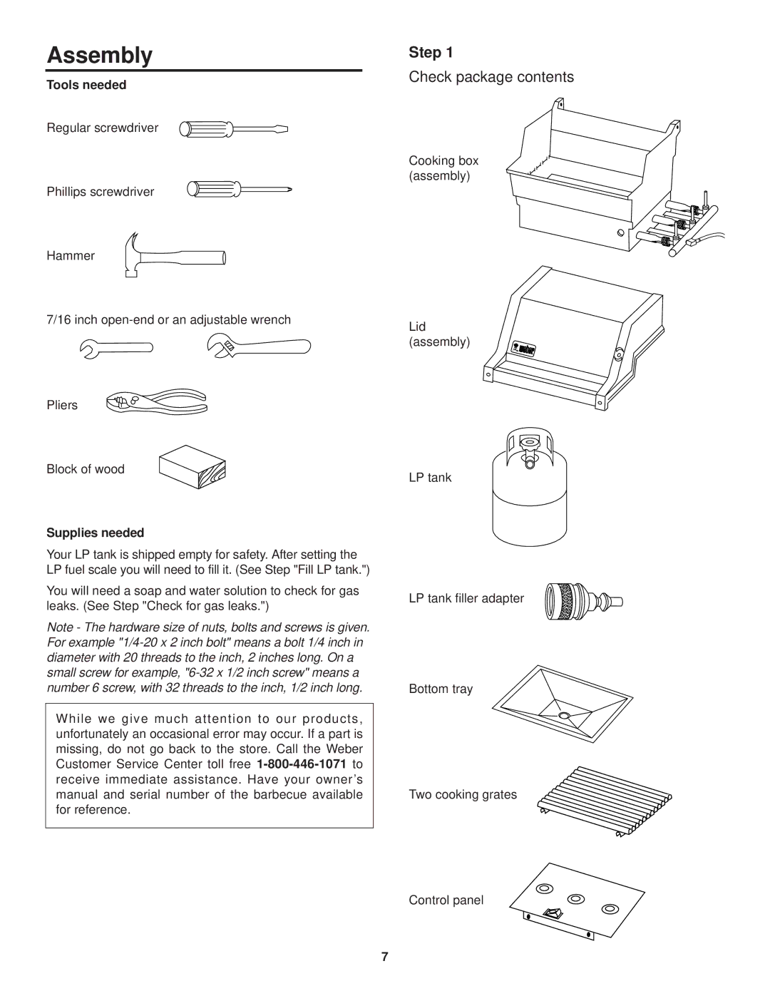 Weber 1100 LP owner manual Assembly, Check package contents 