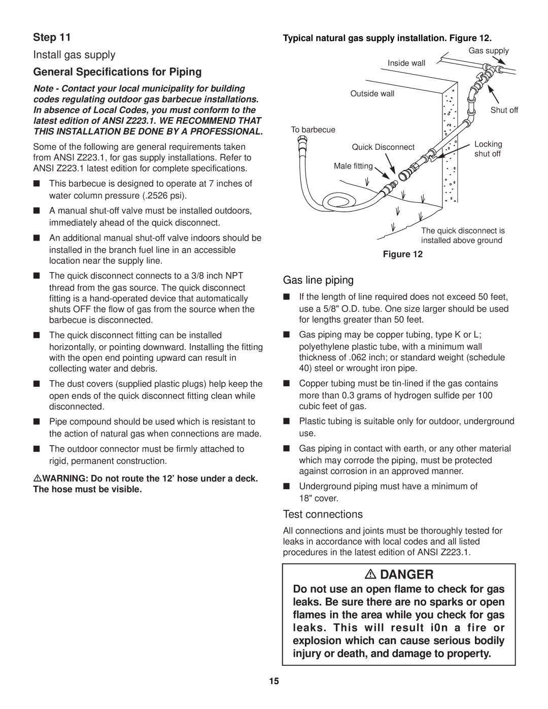 Weber 1100 owner manual Install gas supply, General Specifications for Piping, Gas line piping, Test connections 