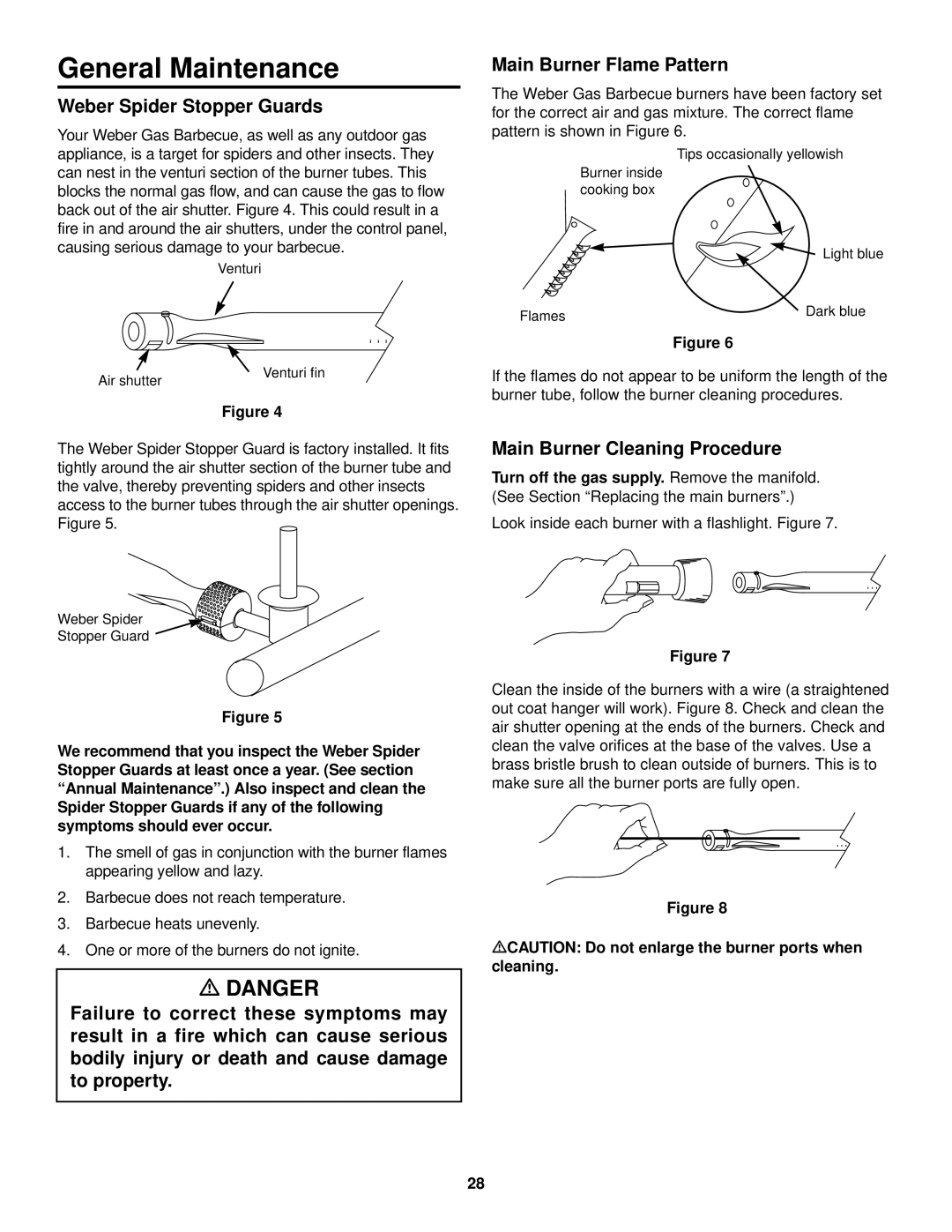 Weber 1100 owner manual General Maintenance, Weber Spider Stopper Guards, Main Burner Flame Pattern 