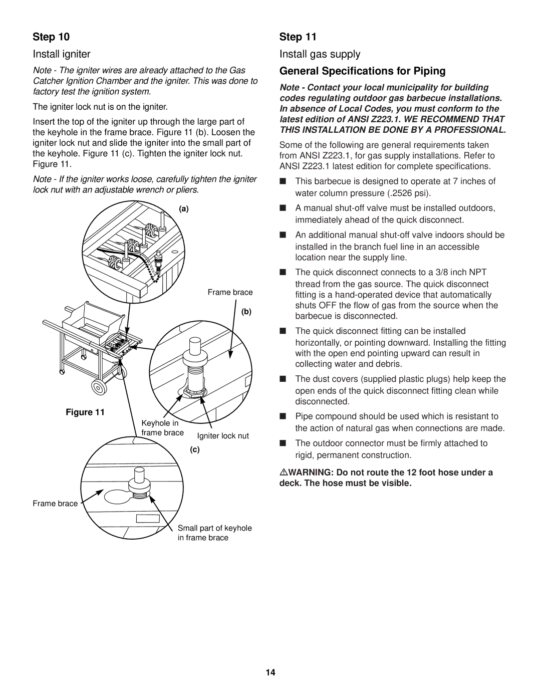 Weber 1200 owner manual Install igniter, Install gas supply, General Specifications for Piping 