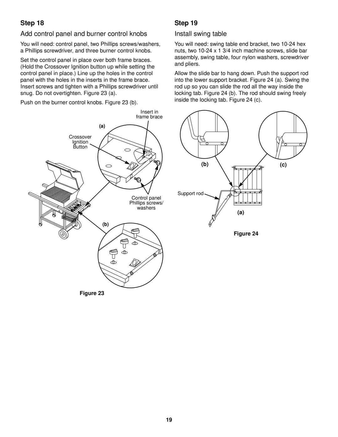 Weber 1200 owner manual Add control panel and burner control knobs, Install swing table 