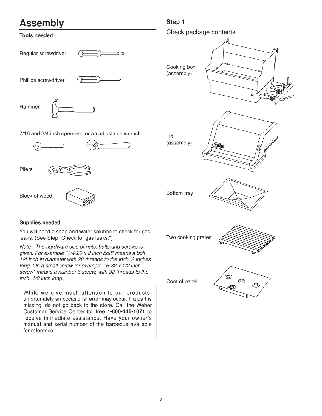 Weber 1200 owner manual Assembly, Step, Check package contents 