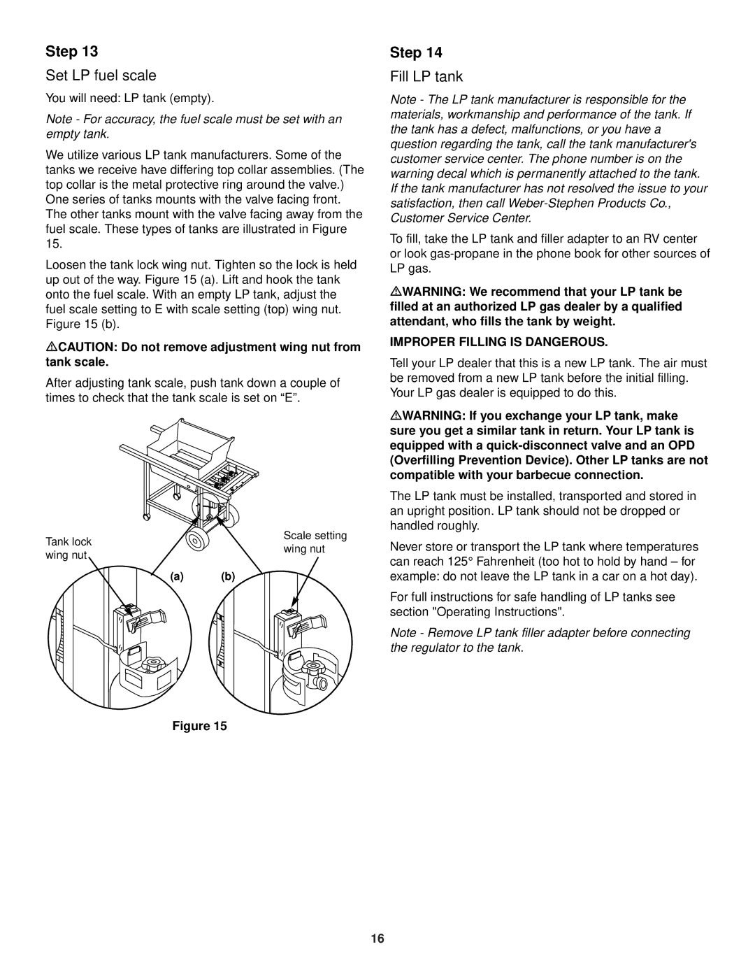 Weber 1200 owner manual Set LP fuel scale, Fill LP tank, MCAUTION Do not remove adjustment wing nut from tank scale 