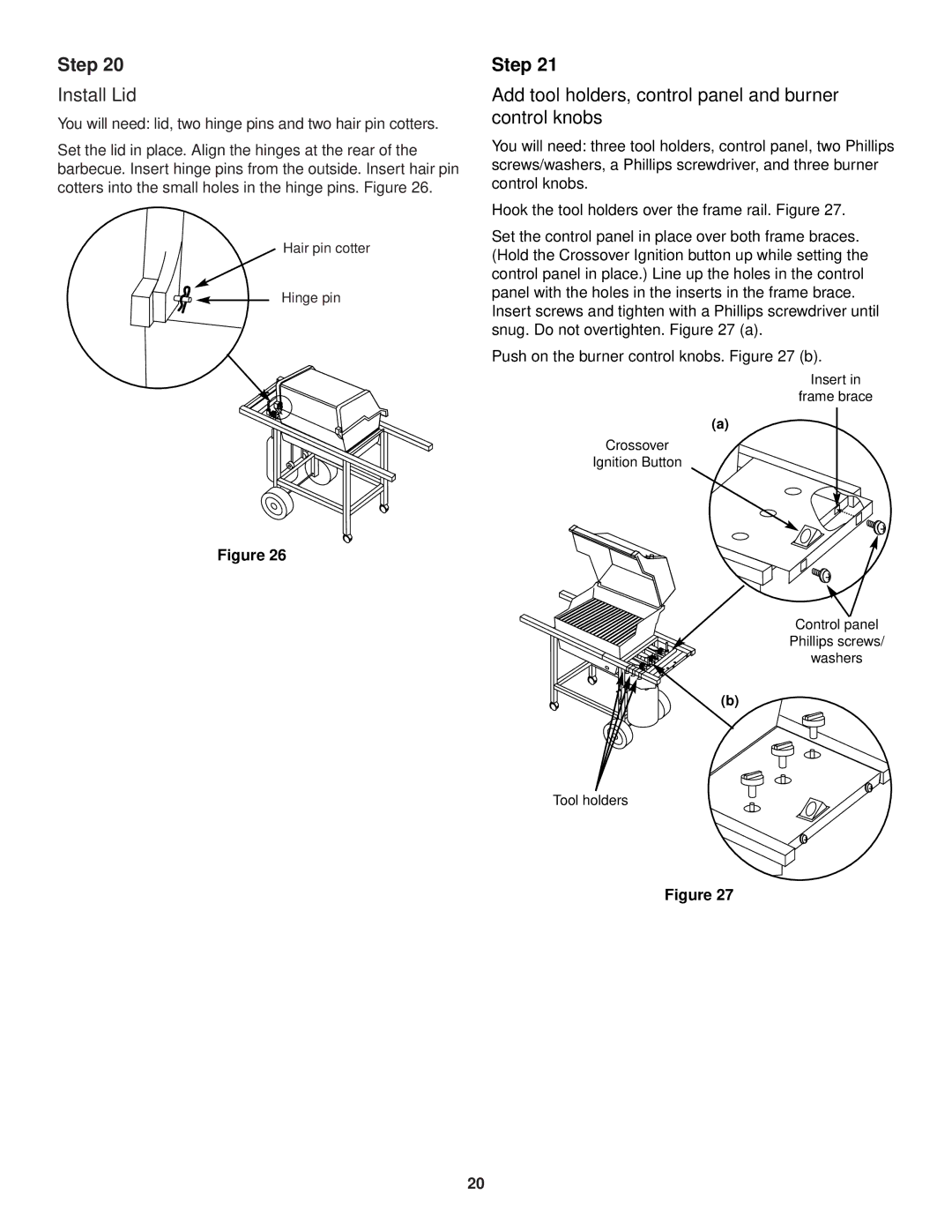 Weber 1200 owner manual Install Lid, Add tool holders, control panel and burner control knobs 