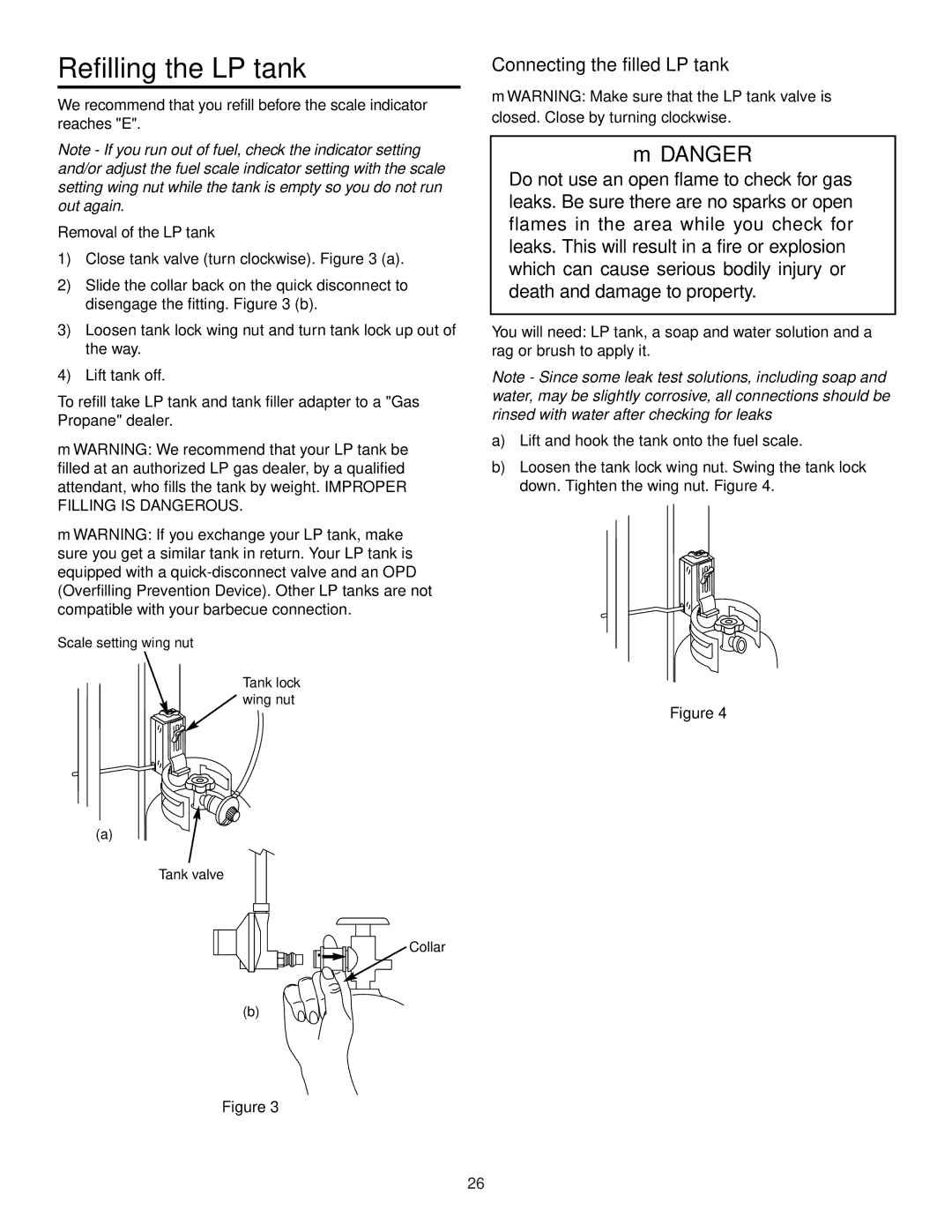 Weber 1200 owner manual Refilling the LP tank, Connecting the filled LP tank, Removal of the LP tank 