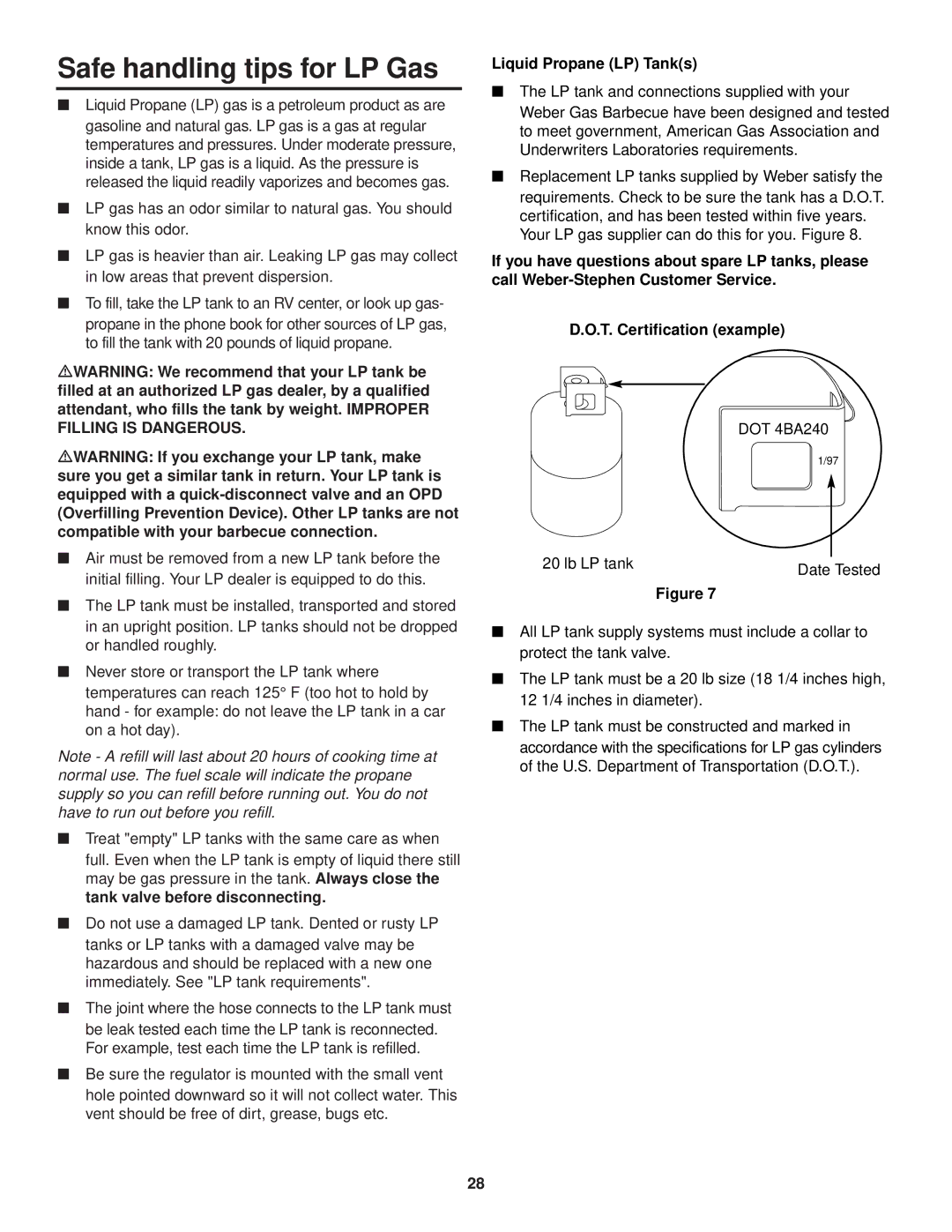 Weber 1200 owner manual Safe handling tips for LP Gas, Liquid Propane LP Tanks 