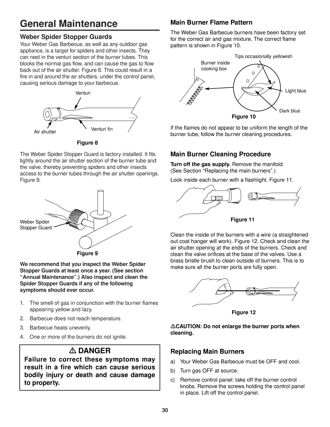 Weber 1200 owner manual General Maintenance, Weber Spider Stopper Guards, Main Burner Flame Pattern, Replacing Main Burners 