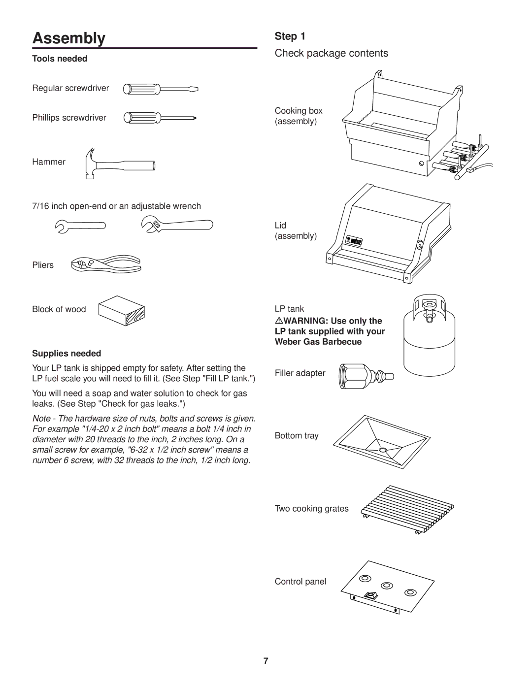 Weber 1200 owner manual Assembly, Step, Check package contents 