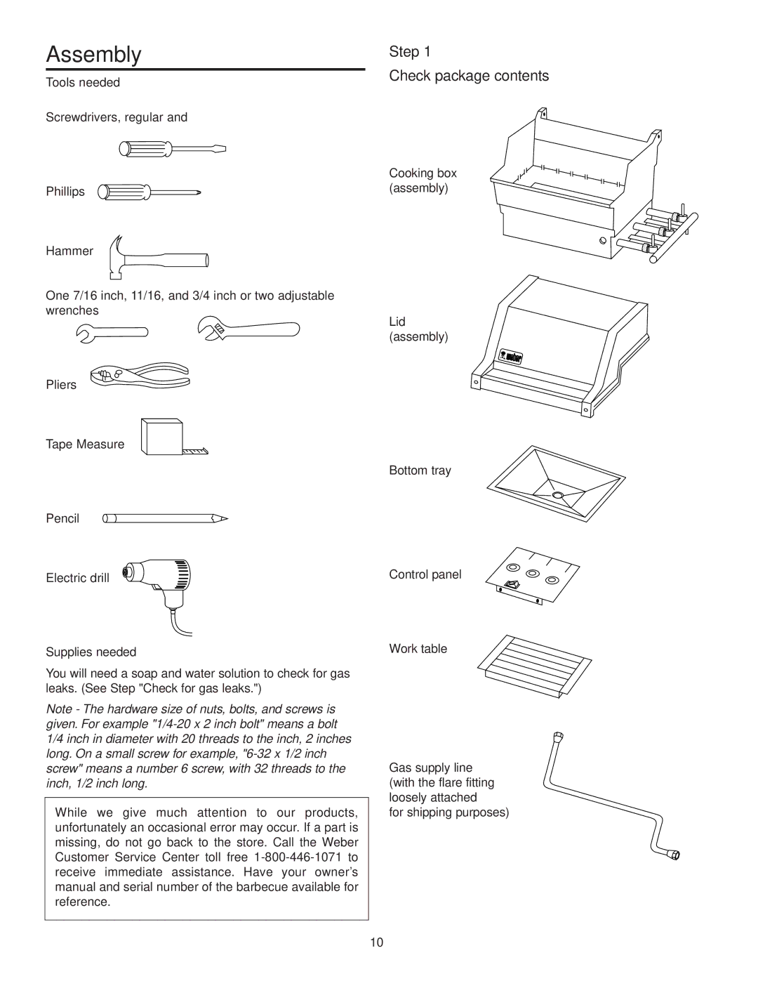 Weber 1500 LX owner manual Assembly, Step, Check package contents 