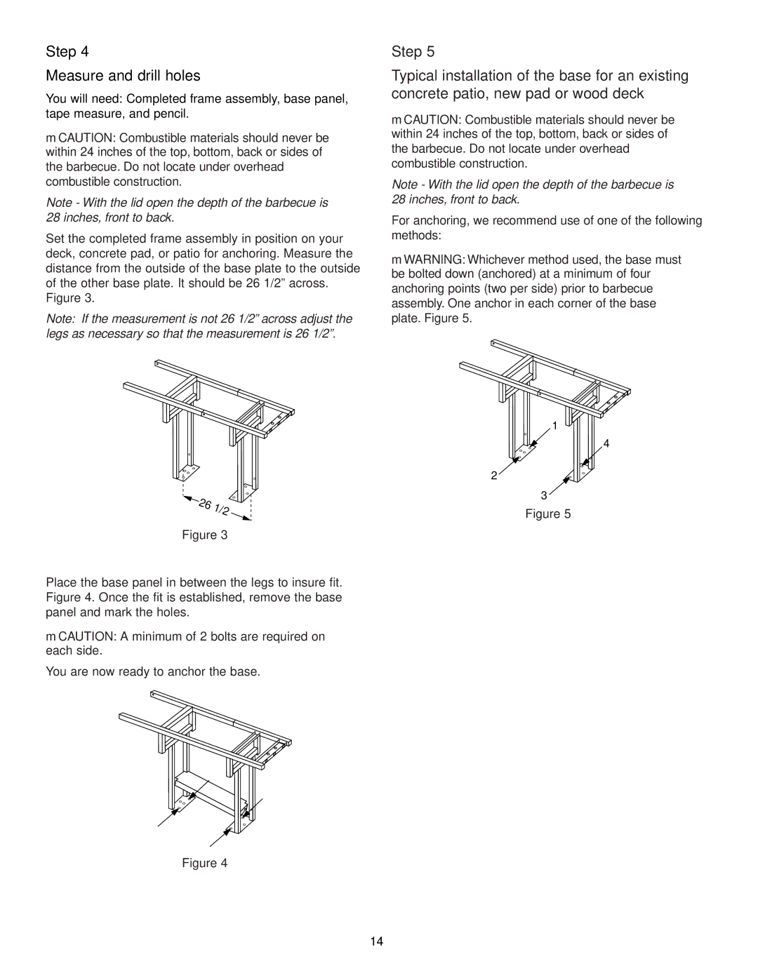 Weber 1500 LX owner manual Measure and drill holes, MCAUTION a minimum of 2 bolts are required on each side 