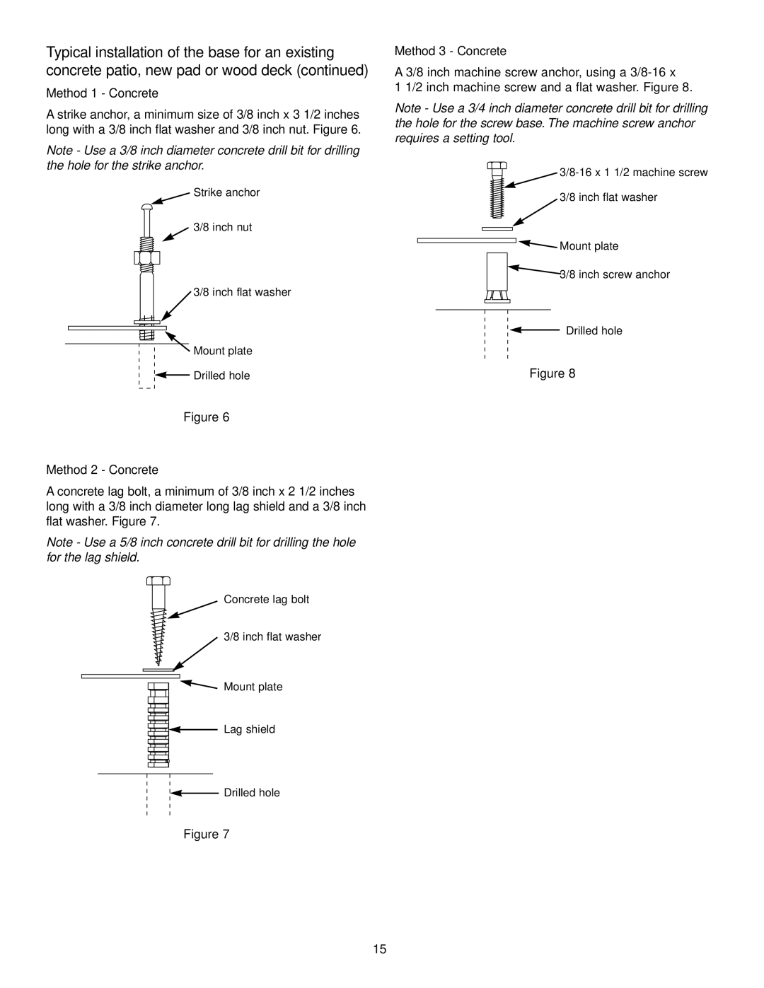 Weber 1500 LX owner manual Method 1 Concrete, Method 2 Concrete, Method 3 Concrete 