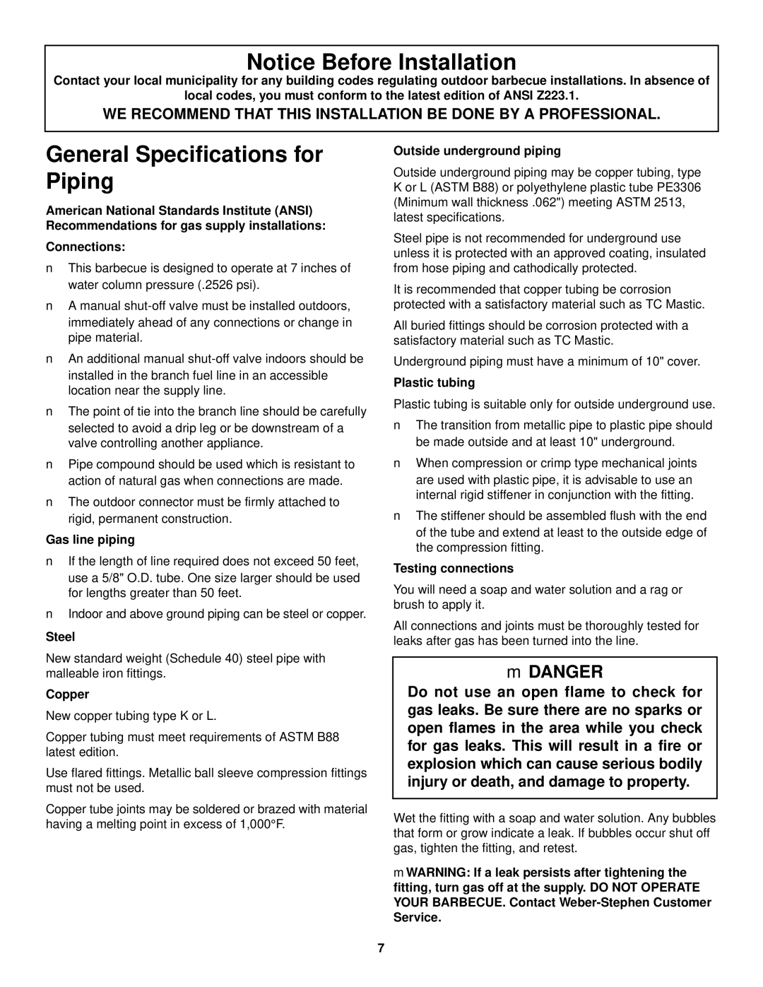 Weber 1500 LX owner manual General Specifications for Piping 