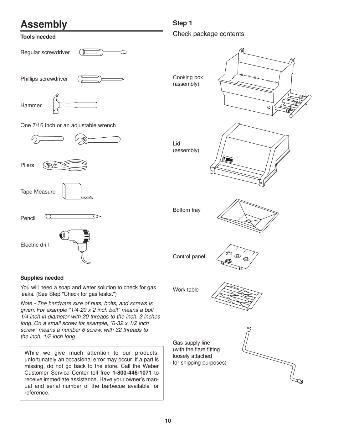 Weber 1500 owner manual Assembly, Step, Check package contents 