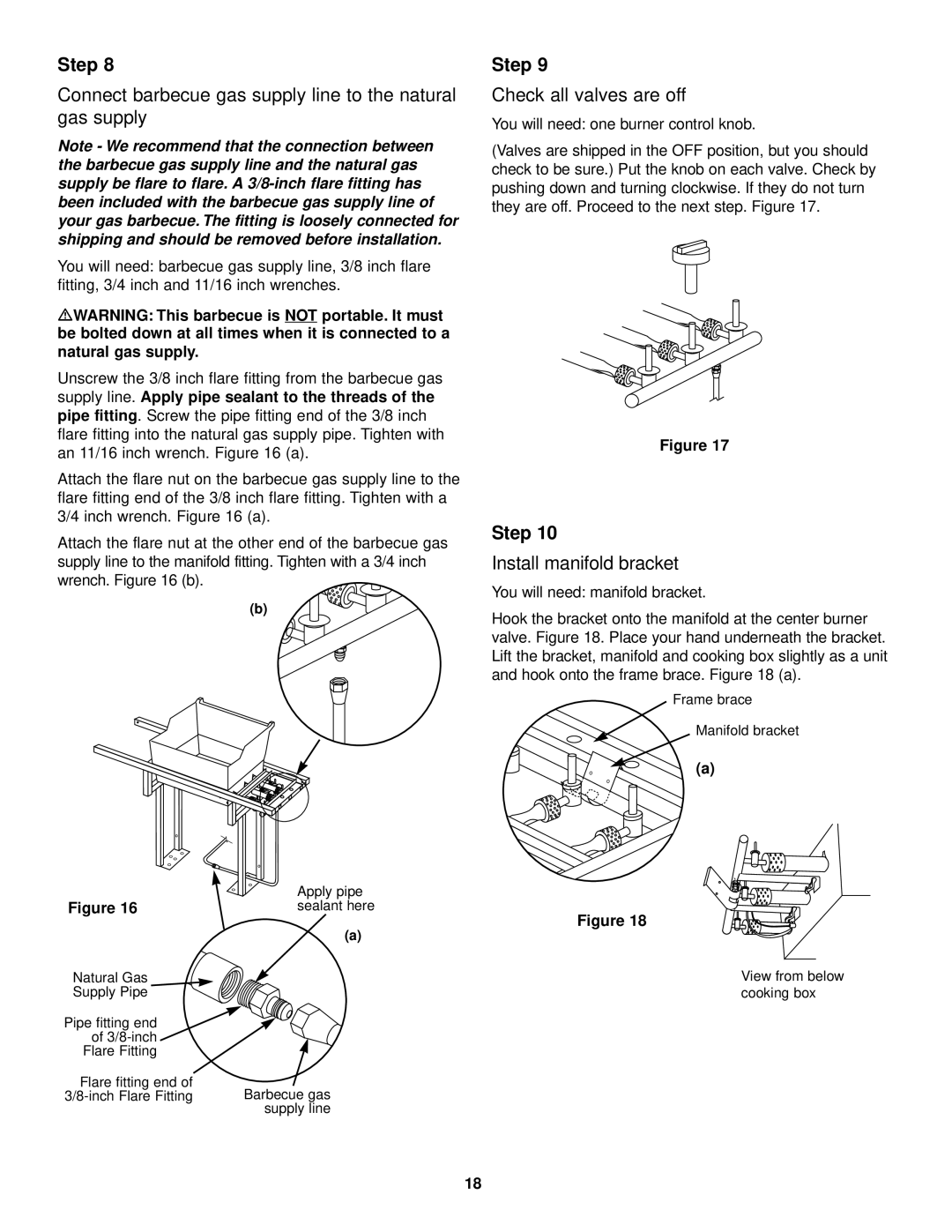 Weber 1500 Connect barbecue gas supply line to the natural gas supply, Check all valves are off, Install manifold bracket 