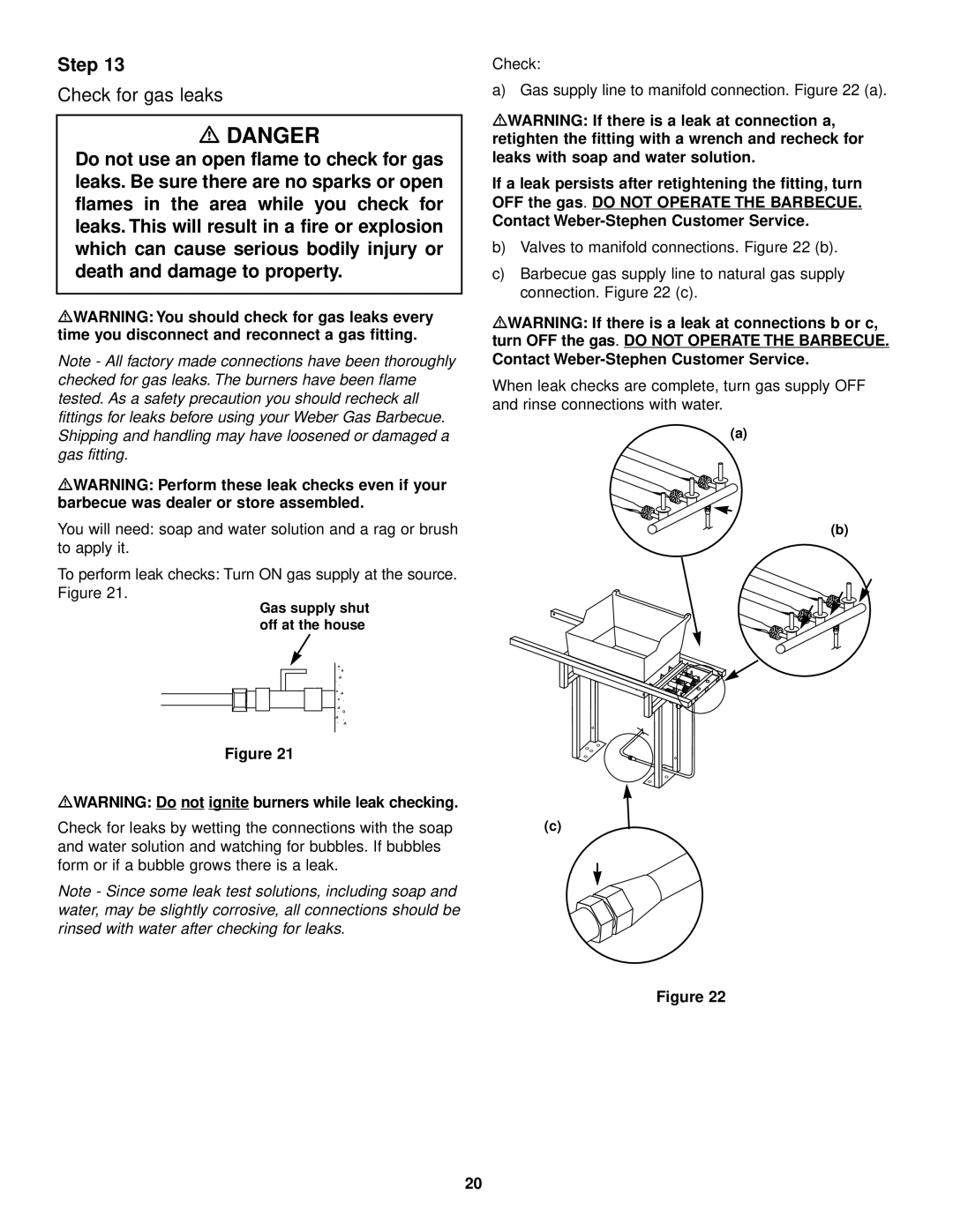 Weber 1500 owner manual Check for gas leaks, MWARNING Do not ignite burners while leak checking 